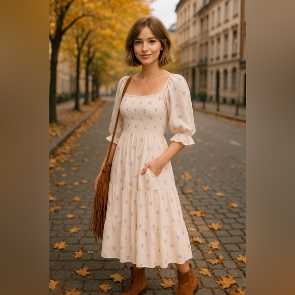 104. 🛑COST! LAST 1!Embroidered cream Floral Maxi long Puff Sleeve Pocket Dress - Picture 3 of 5